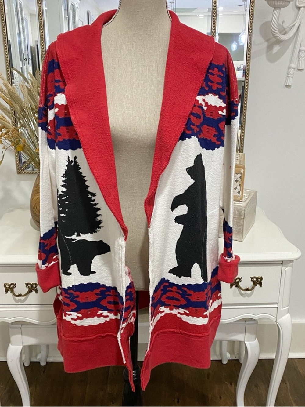 Free People Red and White Bear Pine Cardigan Size Xs